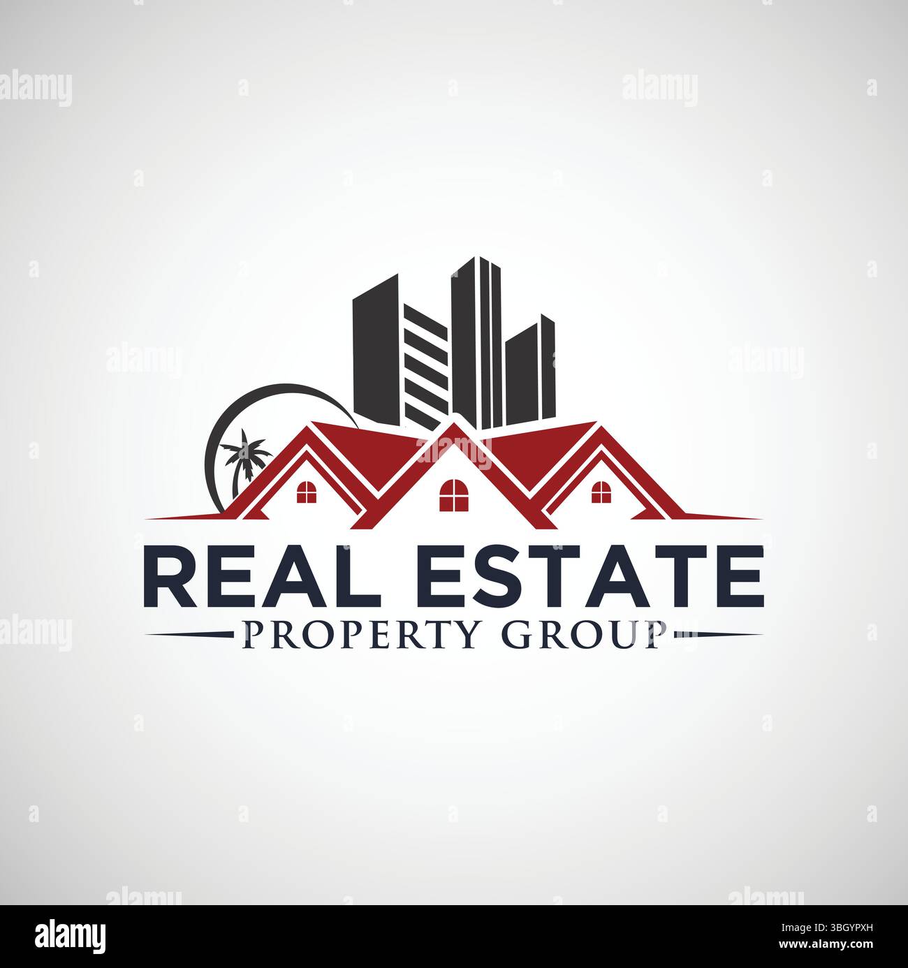 Logo du groupe immobilier - Maison moderne, Skyline et Palm Tree Branding Illustration de Vecteur