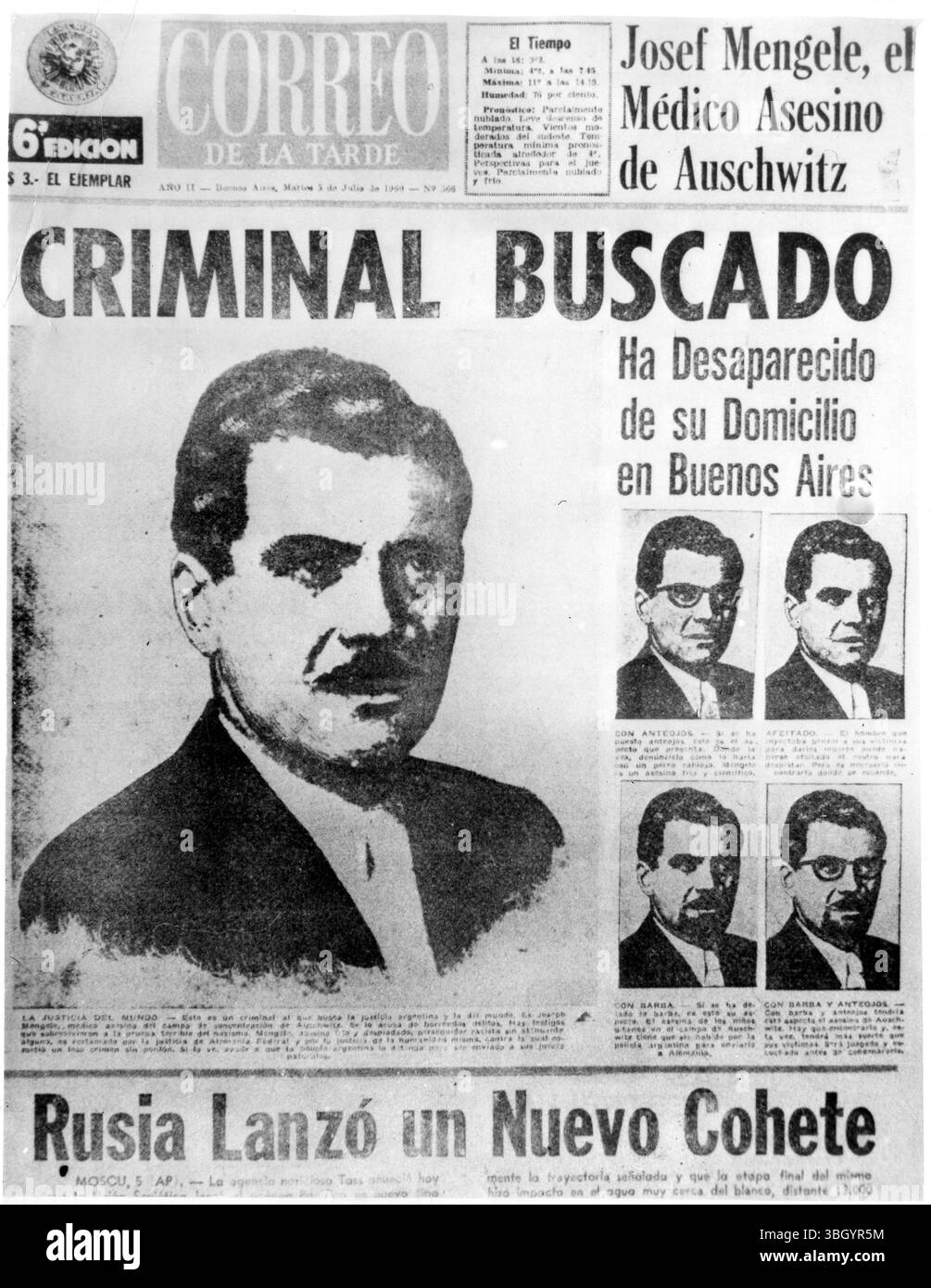 Un autre assassin nazi. Il s'agit d'un fac-similé de la première page du journal local de l'après-midi Correo de la tarde, qui diffuse des informations sur un autre dirigeant nazi réputé à Buenos Airis, 'Joseph Mengele', l'assassin médical d'Auschwitz. Les journaux lisaient, il a disparu de sa maison à Buenos Aires. 11 juillet 1960 Banque D'Images
