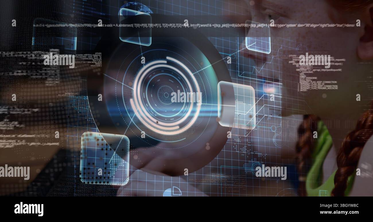 Image du traitement des données et du globe tournant contre une fille caucasienne utilisant l'ordinateur à l'école Banque D'Images