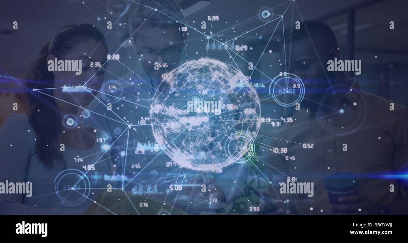 Image d'un réseau de connexions et d'icônes sur un groupe diversifié de gens d'affaires Banque D'Images