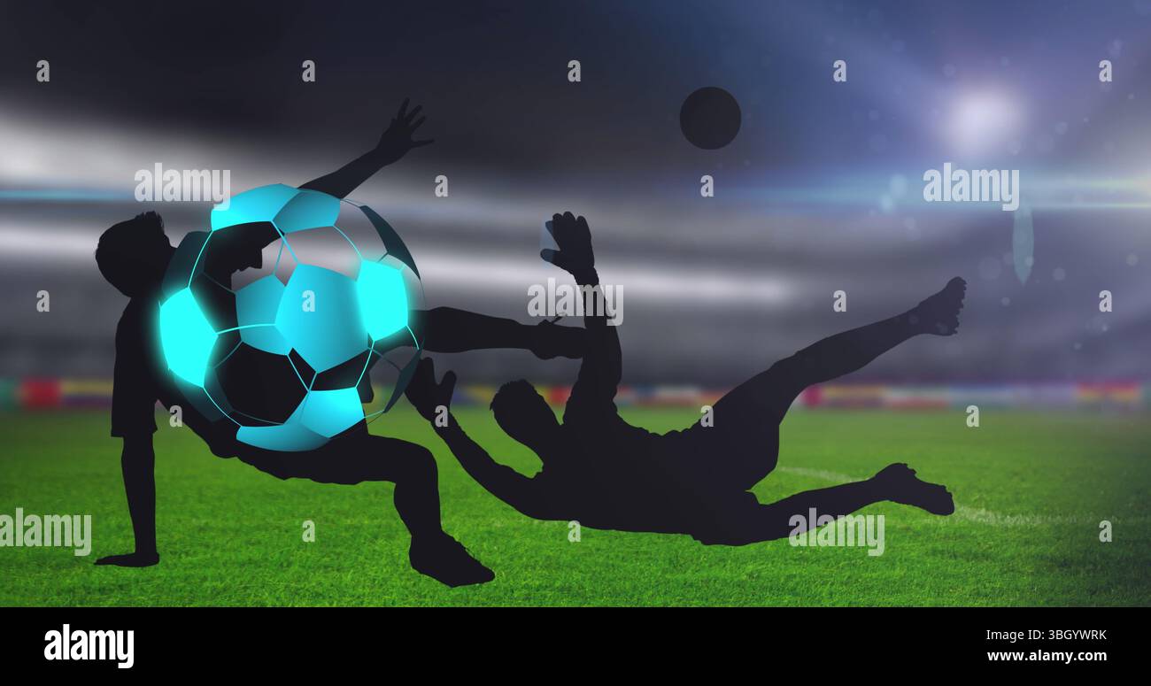 Image d'un ballon de football néon au-dessus d'un stade de sport et de silhouettes de joueur de football Banque D'Images