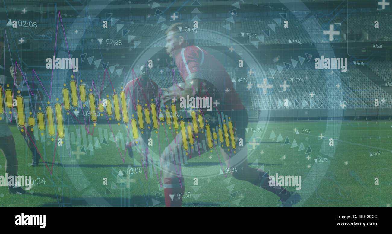 Image du traitement des données et du balayage de l'oscilloscope sur divers joueurs de rugby dans un stade Banque D'Images