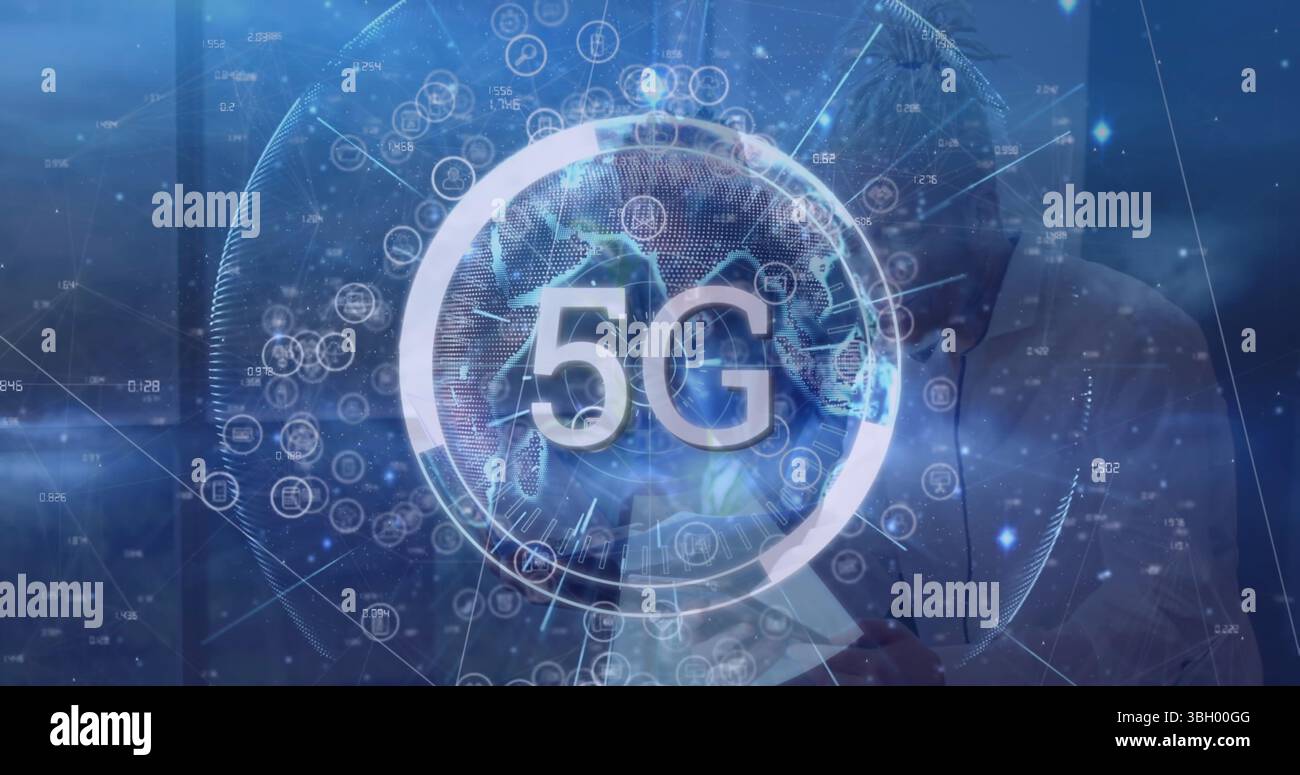 Image du réseau de connexions et du texte 5g sur un groupe diversifié de gens d'affaires Banque D'Images