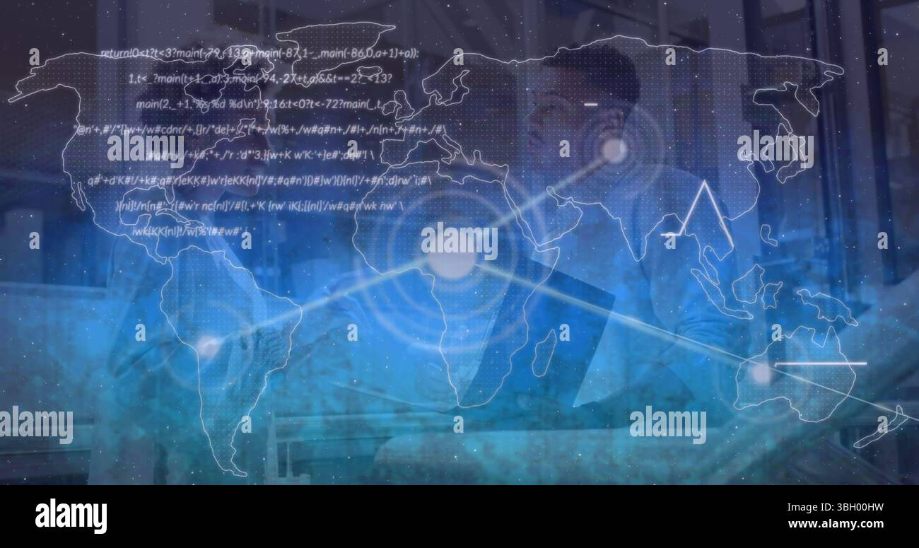 Image du réseau de connexions et de la carte du monde sur deux gens d'affaires divers Banque D'Images