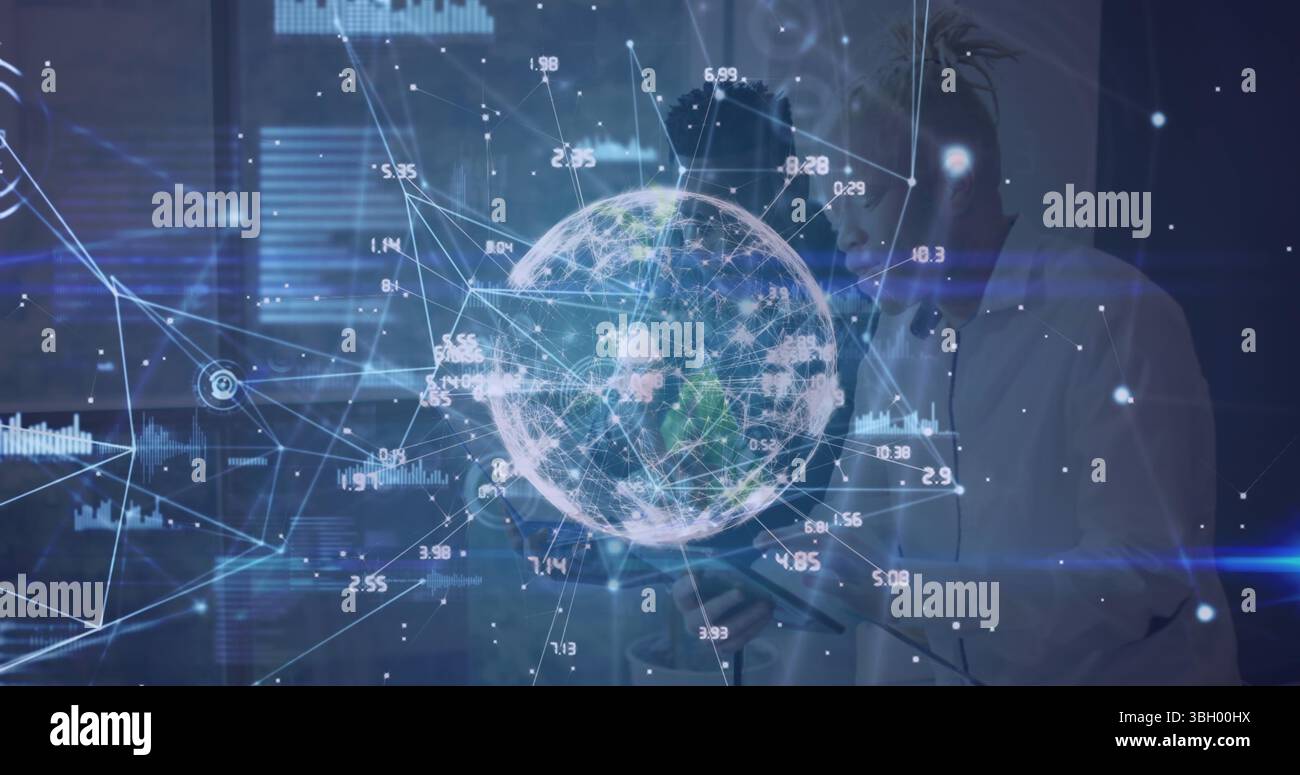 Image du réseau de connexions et du globe sur deux gens d'affaires divers Banque D'Images