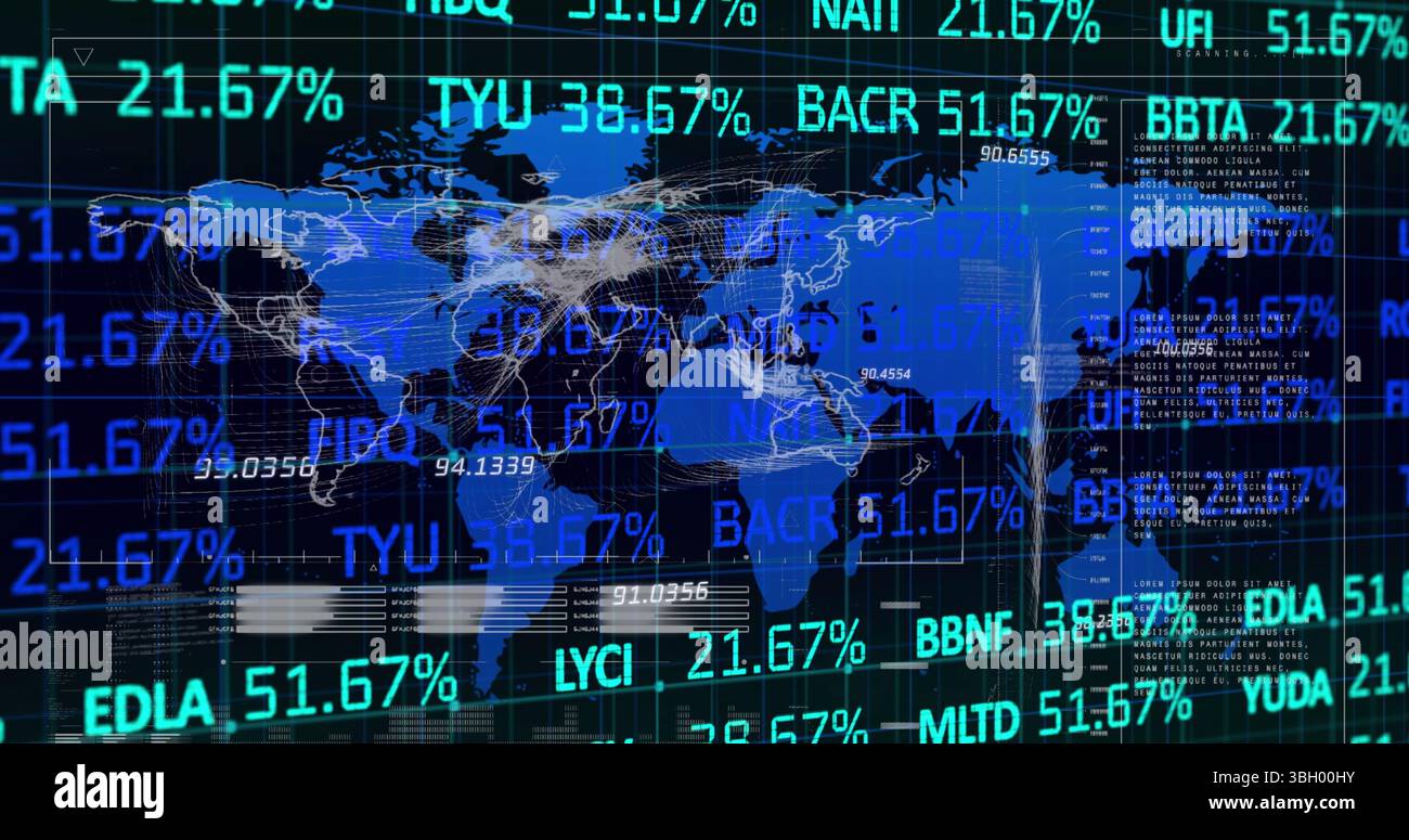 Image de graphiques, de données financières et de carte du monde sur écran numérique noir Banque D'Images