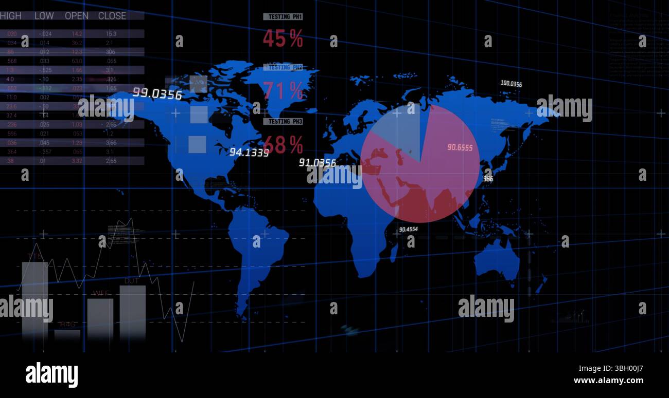 Image du traitement des données financières au-dessus du globe et carte rouge du monde Banque D'Images