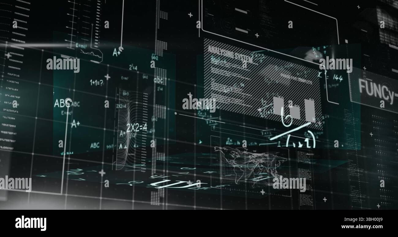Image de graphiques, de données et de formules mathématiques sur écran numérique noir Banque D'Images