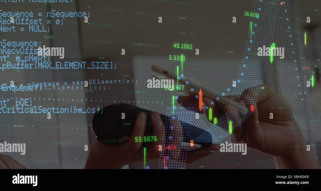 Image du traitement des données avec graphique sur diverses personnes payant avec smartphone Banque D'Images