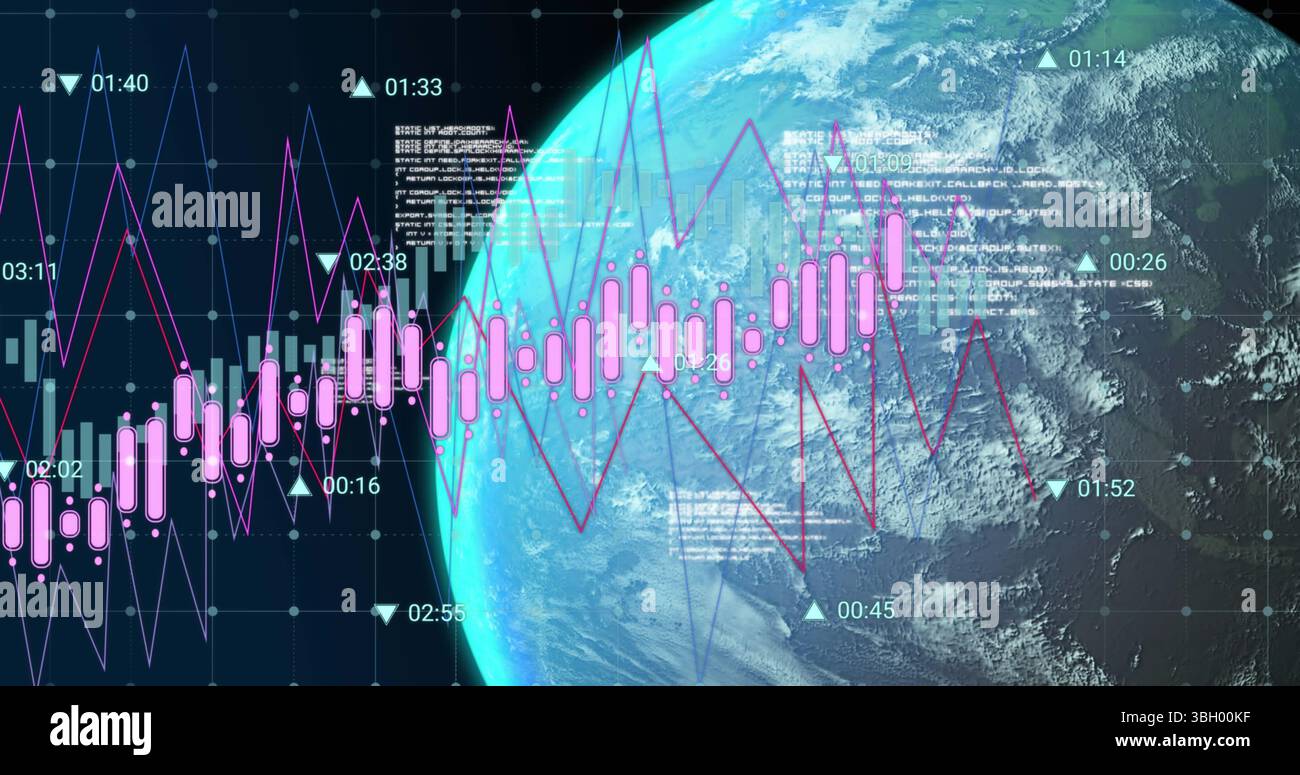 Image du traitement des données sur le globe sur fond noir Banque D'Images