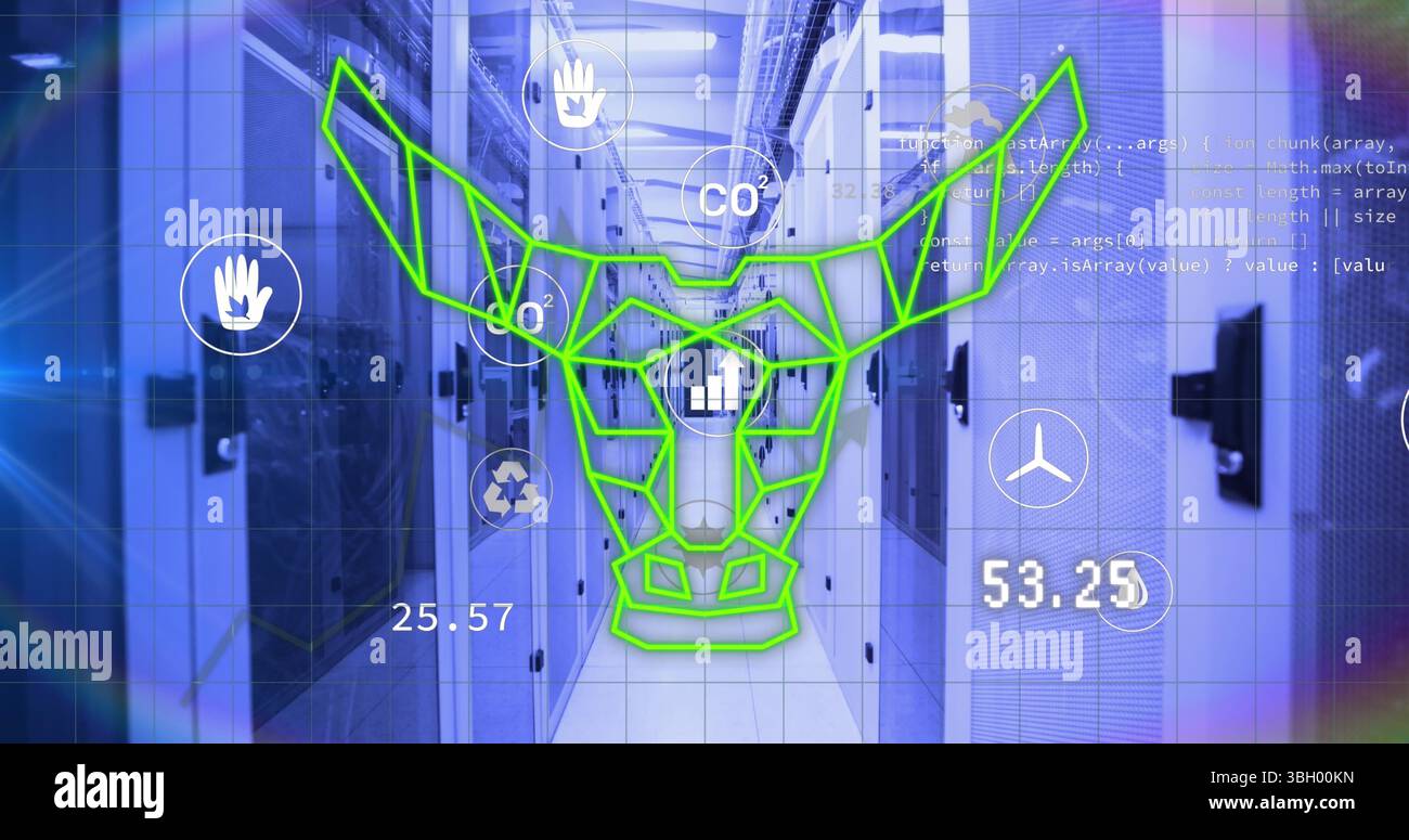 Image des icônes écologiques et de la tête de taureau sur les serveurs Banque D'Images
