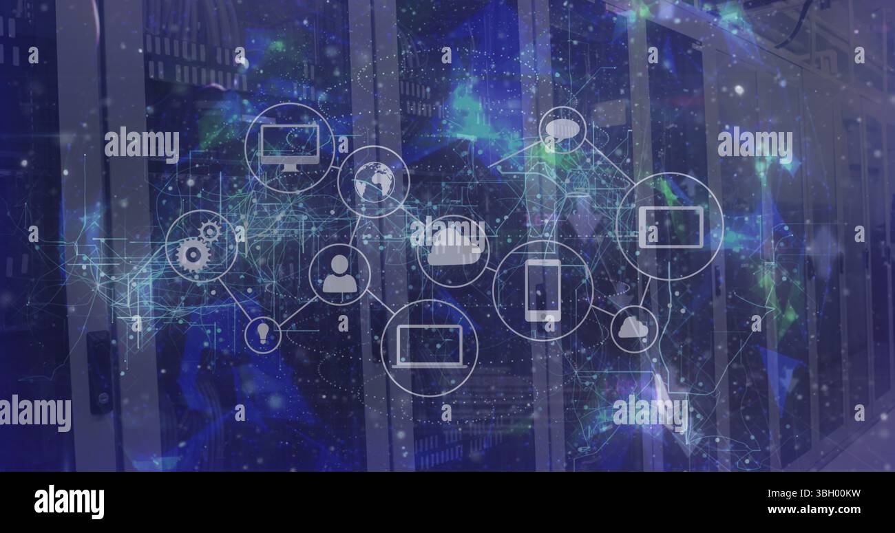 Image du traitement des données et du globe avec icônes dans la salle des serveurs Banque D'Images