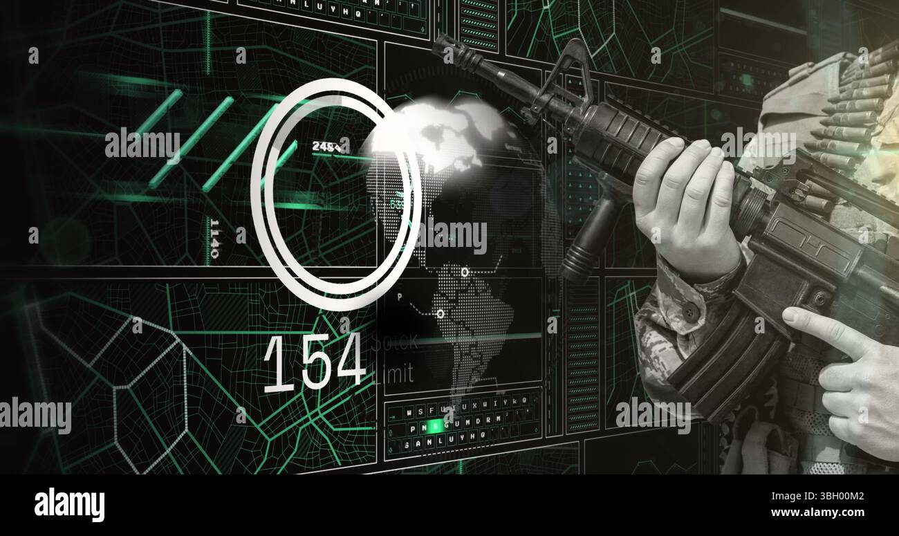 Image de la main d'un soldat tenant l'arme au-dessus du scanner, du globe et du traitement des données sur l'interface Banque D'Images