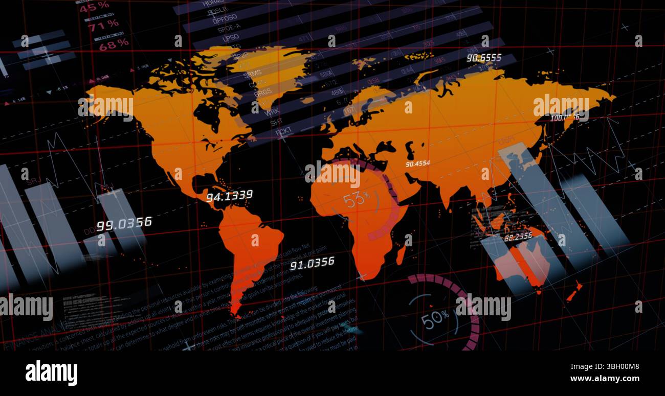 Image de graphiques, de données et de carte du monde sur écran numérique noir Banque D'Images