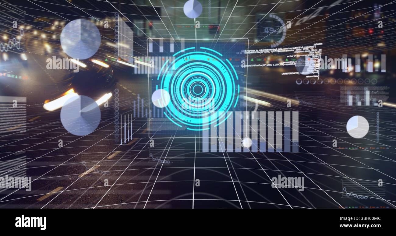 Image du traitement des données et de la numérisation de l'oscilloscope sur le paysage urbain Banque D'Images