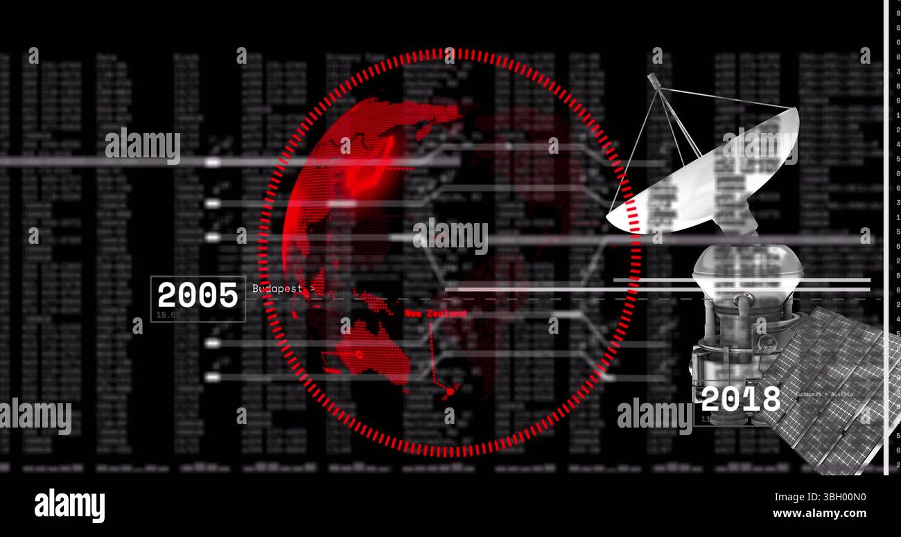 Image du satellite au-dessus du globe et traitement des nombres sur fond noir Banque D'Images
