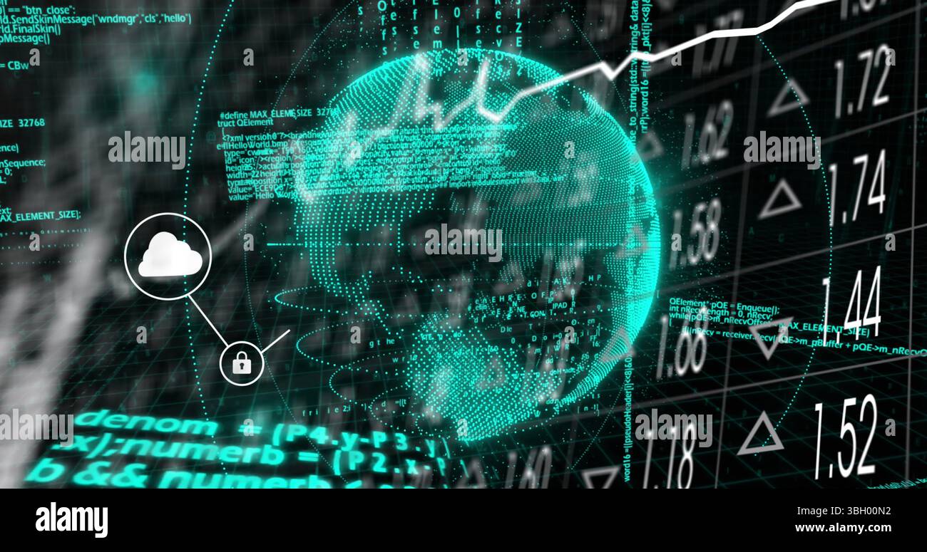 Image du traitement des données sur le globe avec des icônes Banque D'Images