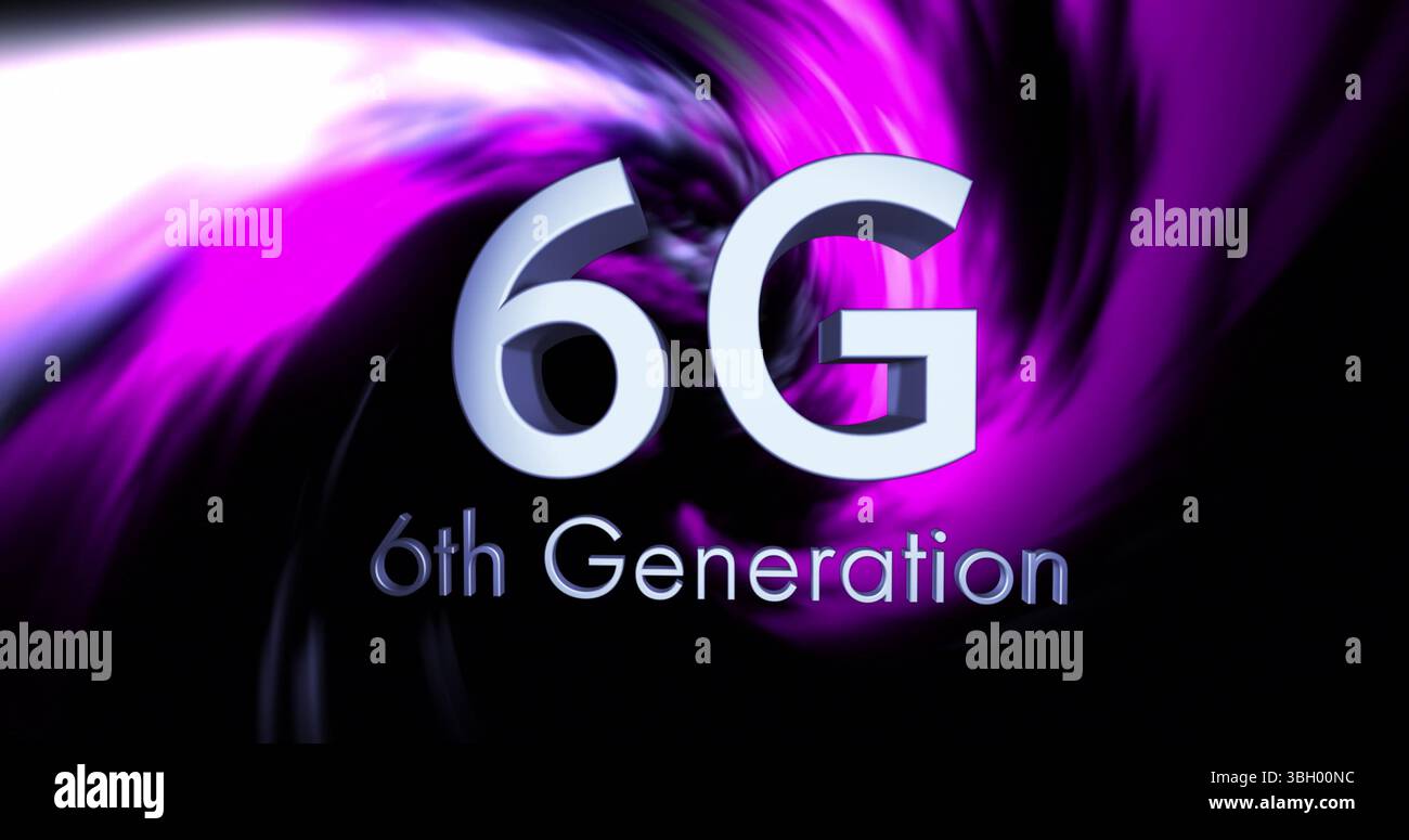 Image du texte 6g 6ème génération sur des traînées de lumière violettes sur fond noir Banque D'Images