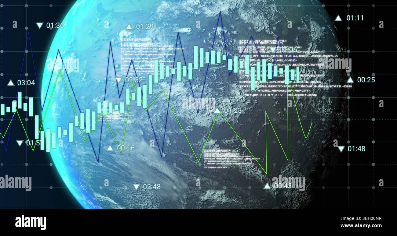 Image du traitement des données sur le globe sur fond noir Banque D'Images