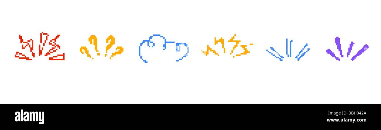 Mosaïque pixel art de symboles colorés de style comique dans des teintes rouge orange et bleu vif Illustration de Vecteur