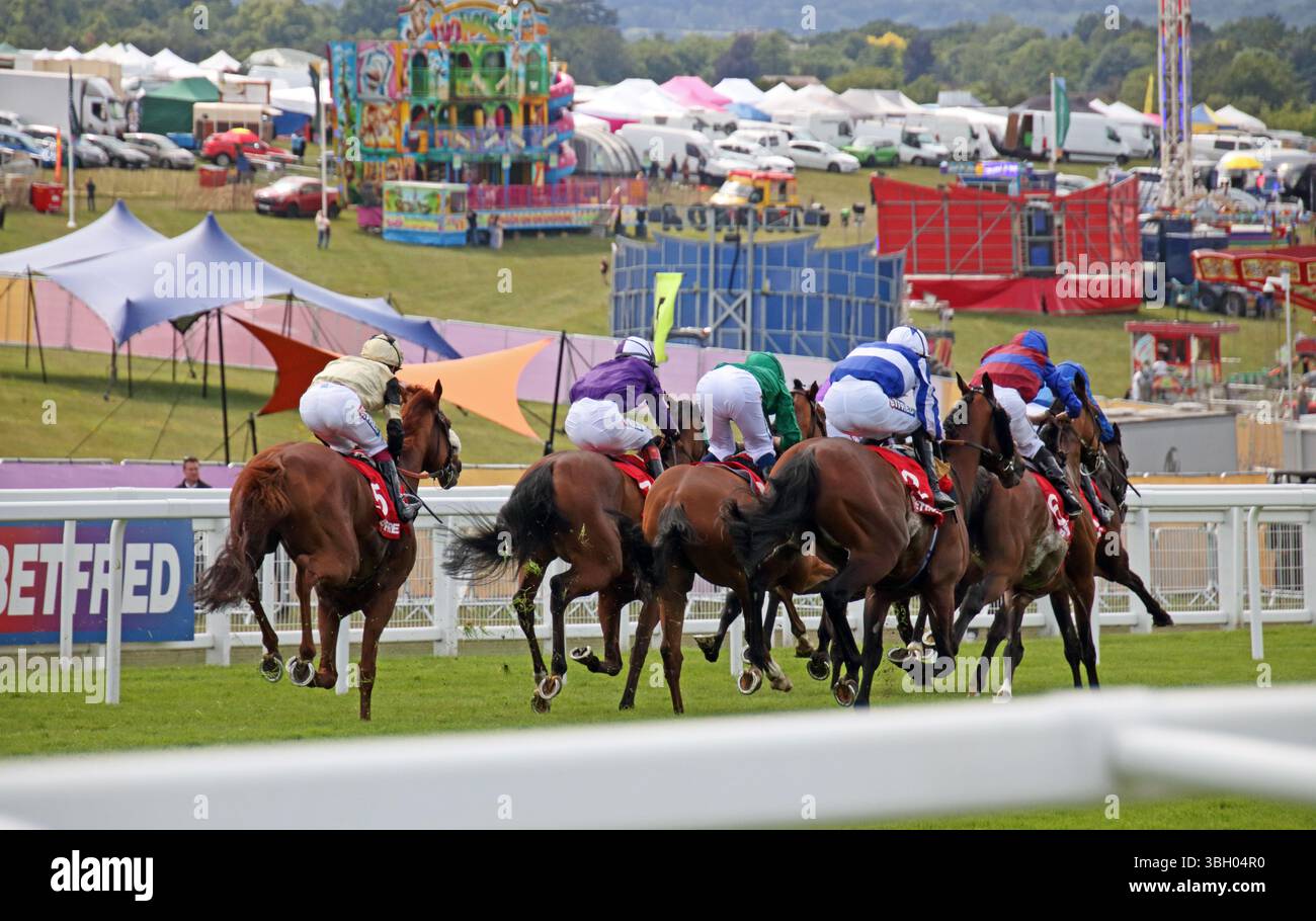 Epsom Downs, Surrey, Angleterre, Royaume-Uni. 6 juin 2025. Courses hippiques de jour pour dames sur Epsom Downs Surrey. Chevaux dans la course de la Coupe du couronnement autour de Tattenham Corner. Le vainqueur était le n°6 Jan Brueghel monté par Ryan Moore en Bordeaux et bleu. Le favori d'avant-course No 3 Calandagan en vert a terminé deuxième. Crédit : Julia Gavin/Alamy Live News Banque D'Images Epsom Downs, Surrey, Angleterre, Royaume-Uni. 6 juin 2025. Courses hippiques de jour pour dames sur Epsom Downs Surrey. Chevaux dans la course de la Coupe du couronnement autour de Tattenham Corner. Le vainqueur était le n°6 Jan Brueghel monté par Ryan Moore en Bordeaux et bleu. Le favori d'avant-course No 3 Calandagan en vert a terminé deuxième. Crédit : Julia Gavin/Alamy Live News Banque D'Images