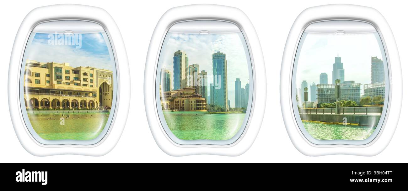 Trois fenêtres d'avion sur les gratte-ciel de Dubaï, Émirats arabes Unis, d'un avion sur les fenêtres de hublot. Espace de copie, Asie Banque D'Images