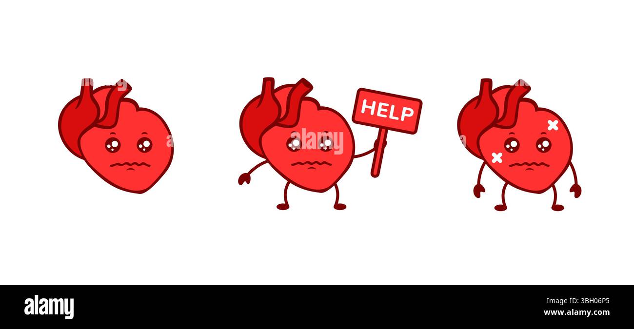 Expressions cardiaques avec signe d'aide et visages tristes représentant des émotions et des sentiments Illustration de Vecteur