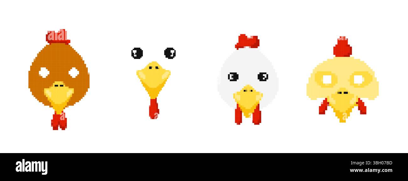Icônes de style mosaïque avec des visages de poulet pixel art dans diverses couleurs et expressions de bande dessinée Illustration de Vecteur