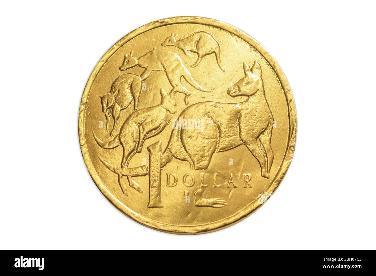 Pièce de chocolat en or australien de 1 dollar de l'Australie, monnaie AUD, gros plan sur le côté de la queue avec icône d'animal de cangourous. Isolé sur studio blanc Banque D'Images