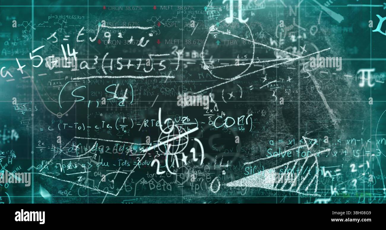 Image d'une formule de science numérique et d'une équation mathématique se déplaçant par rapport à la grille Banque D'Images