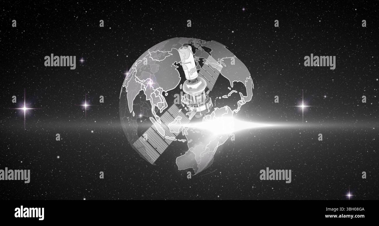 Image du satellite sur le globe tournant sur fond noir Banque D'Images
