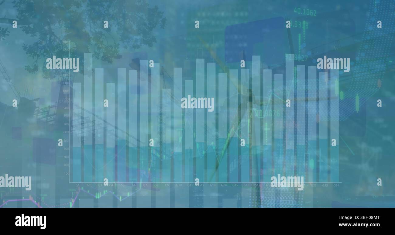 Affichage de graphiques transparents à barres et lignes flottant au-dessus du parc avec des données de gratte-ciel et de chandelier Banque D'Images