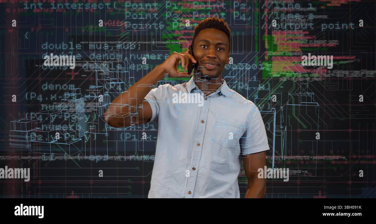 Image de la ville numérique et du traitement des données sur un homme afro-américain parlant sur smartphone Banque D'Images