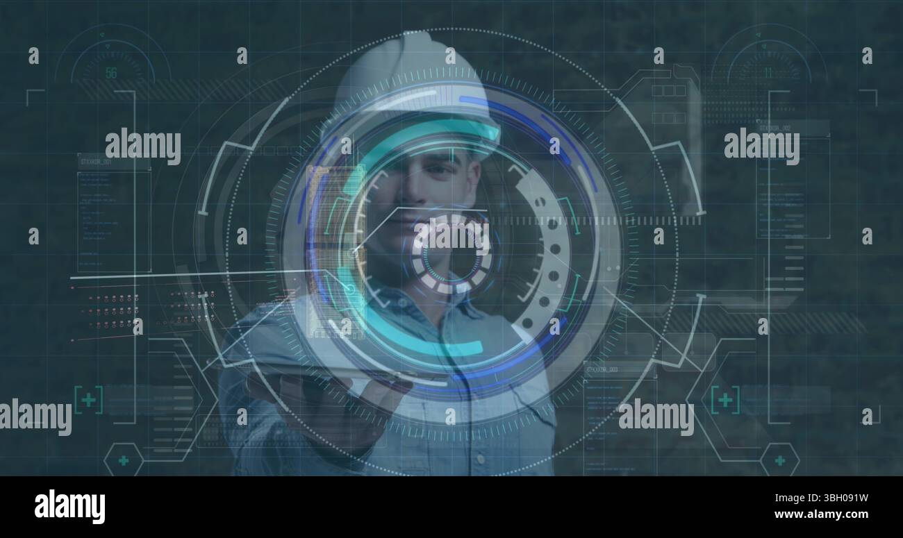 Image d'un scannage d'oscilloscope avec traitement de données sur un ouvrier masculin caucasien Banque D'Images