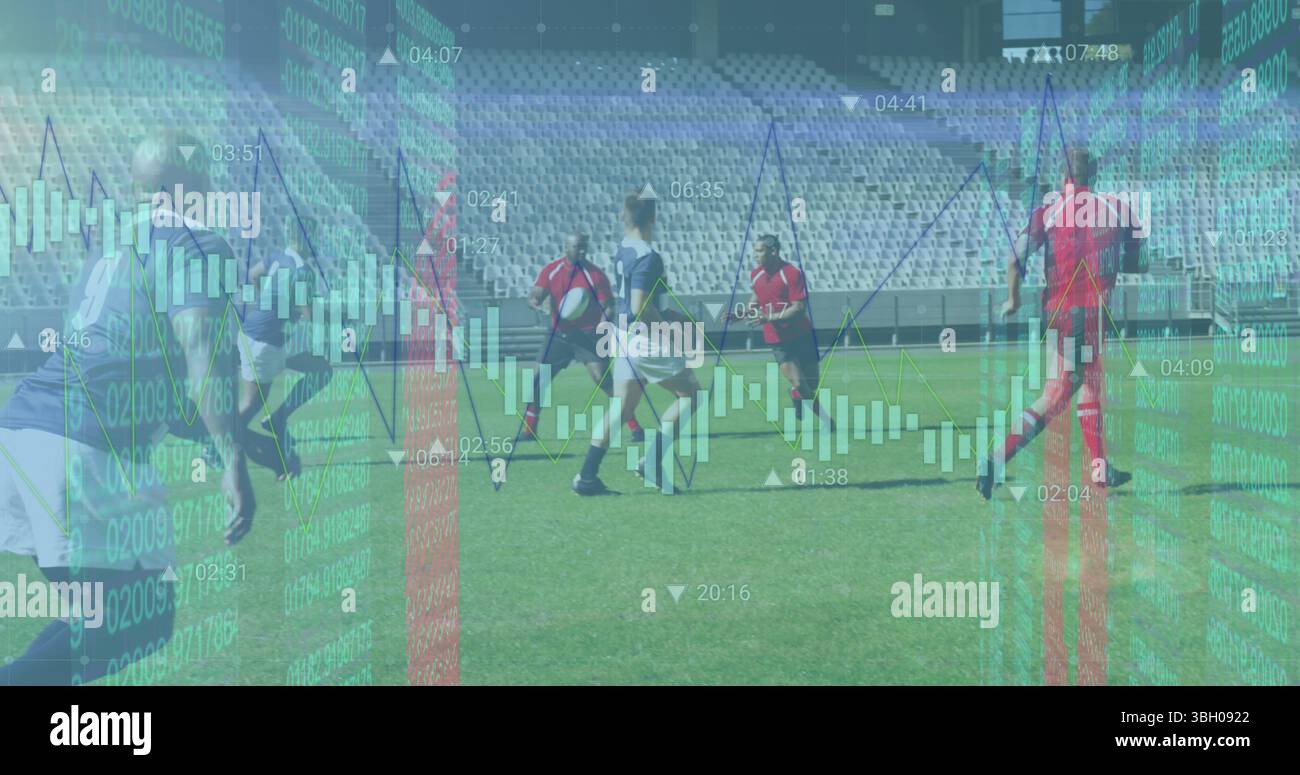 Image de carrés colorés au-dessus de joueurs de rugby masculins au stade Banque D'Images