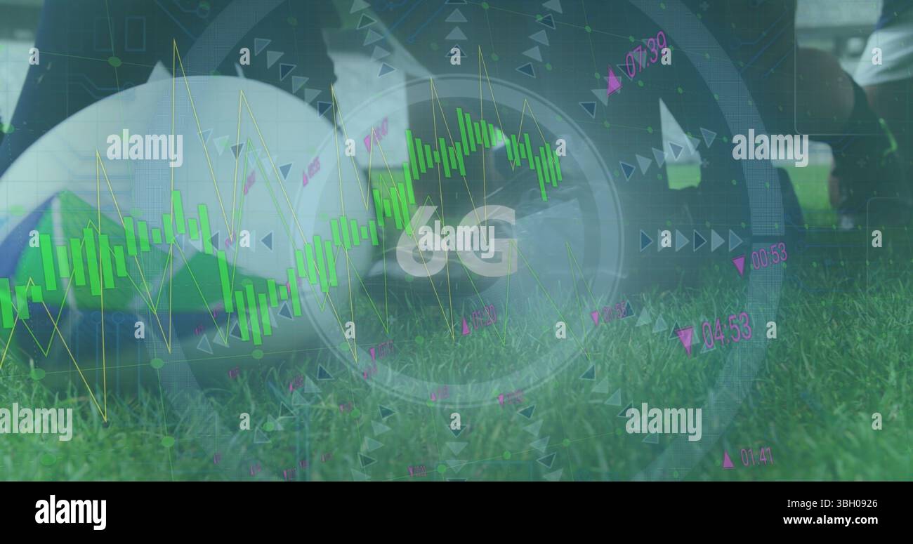 Image du traitement des données et du balayage de l'oscilloscope sur divers joueurs de rugby dans un stade Banque D'Images