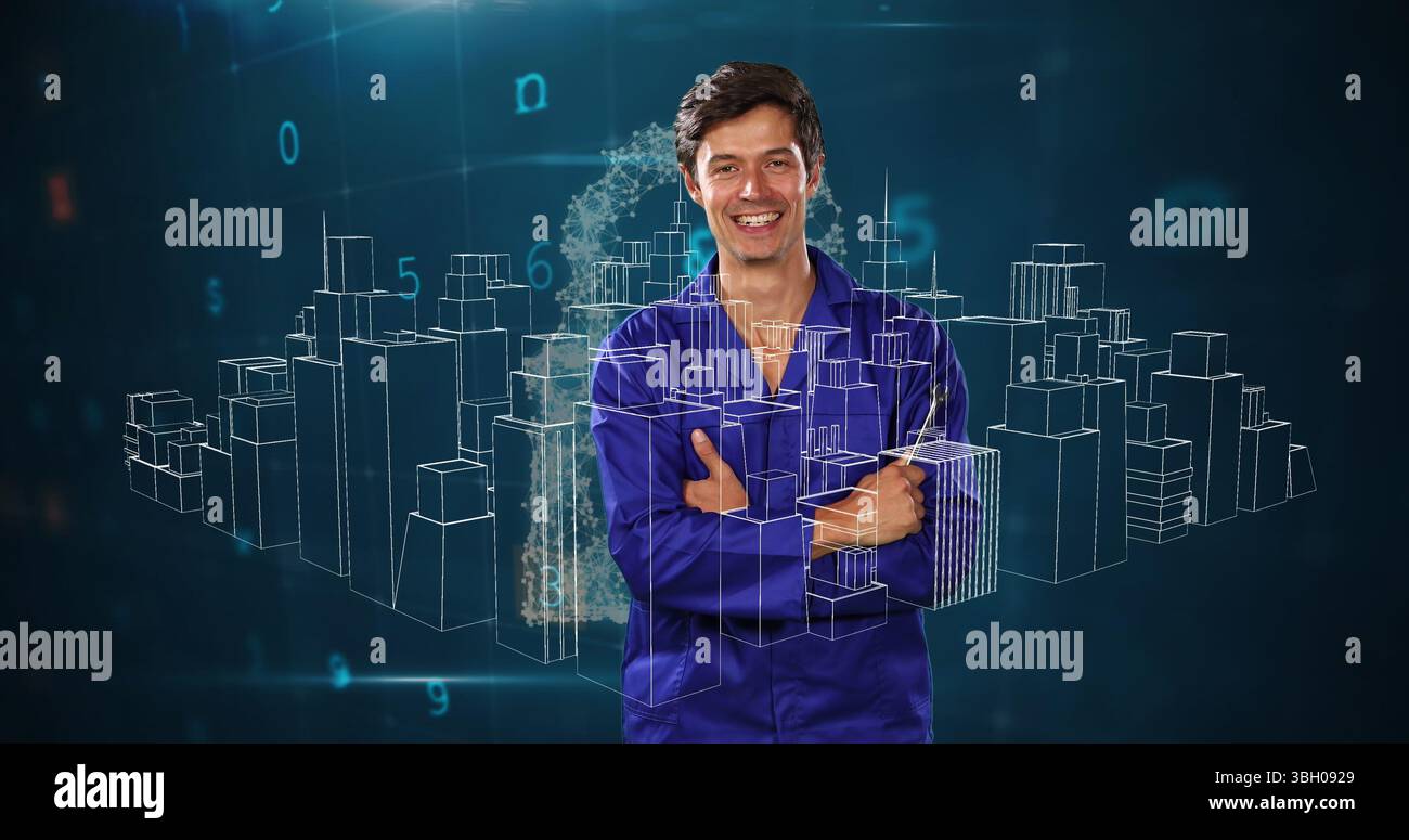 Image de la ville numérique et du traitement des données sur l'homme caucasien souriant Banque D'Images