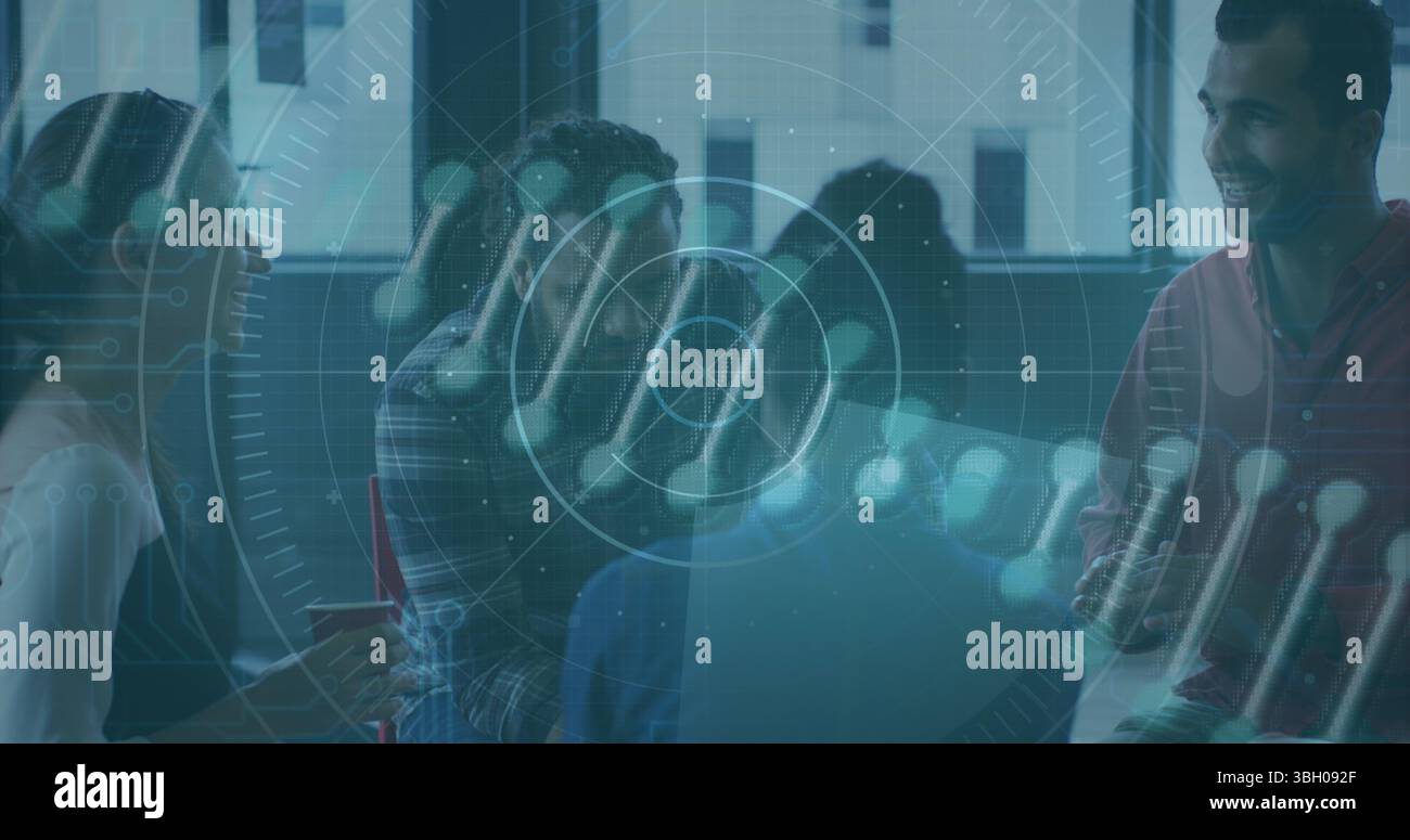 Image de balayage de portée avec le traitement des données et le brin adn sur divers hommes d'affaires Banque D'Images