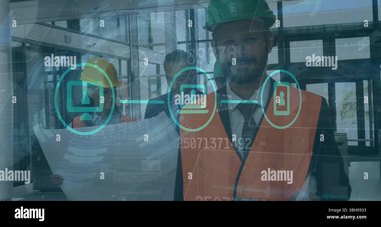 Image de la numérisation d'oscilloscope avec traitement des données et réseau de connexions sur divers travailleurs Banque D'Images