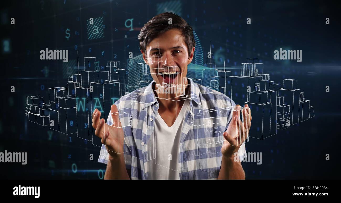 Image de la ville numérique et du traitement des données sur l'homme caucasien souriant Banque D'Images