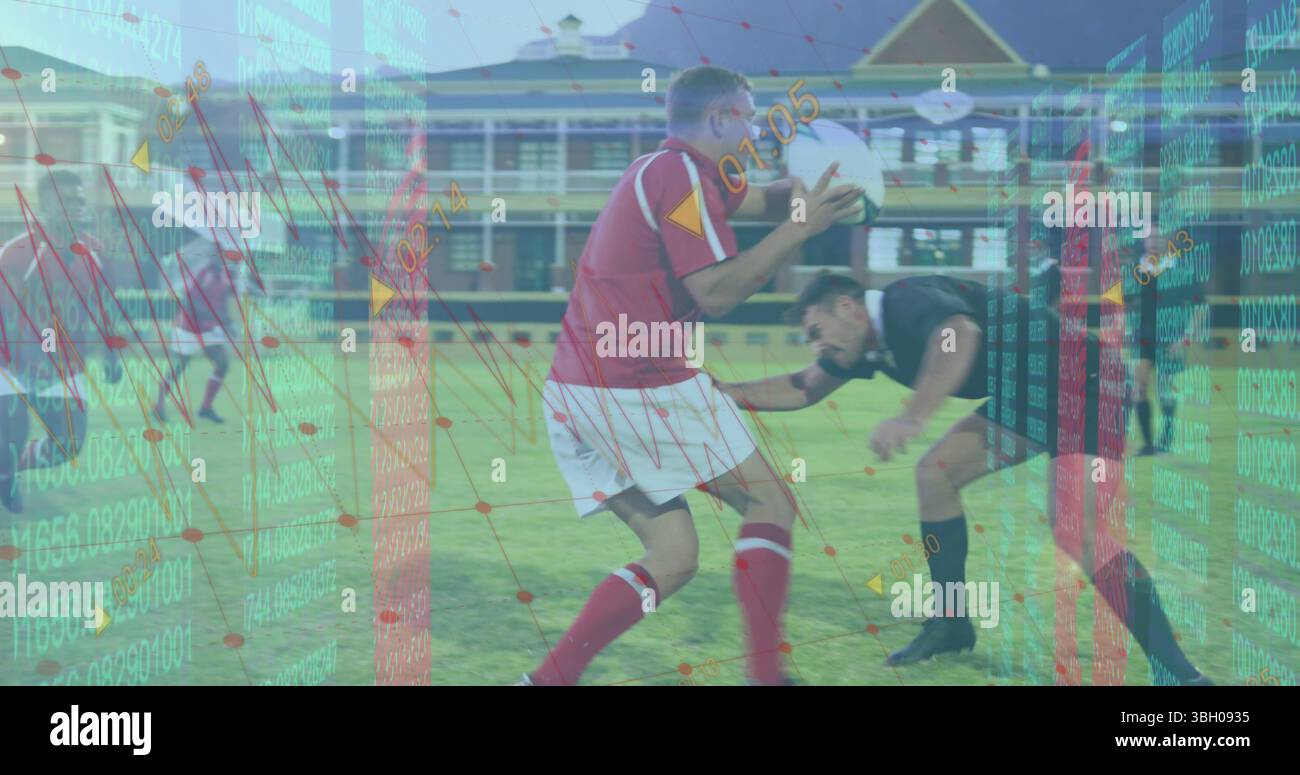 Image du traitement des données sur divers joueurs de rugby au stade Banque D'Images