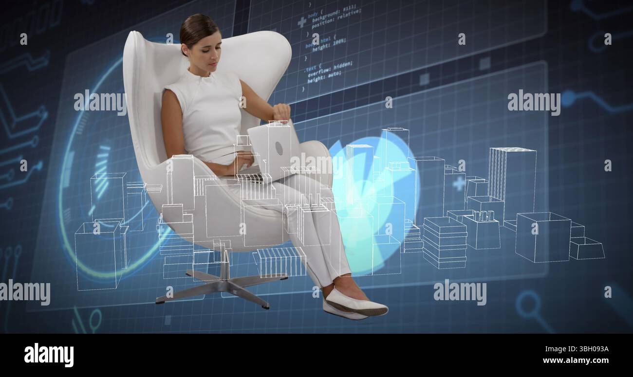 Image de la ville numérique et le traitement des données sur une femme caucasienne utilisant un ordinateur portable Banque D'Images