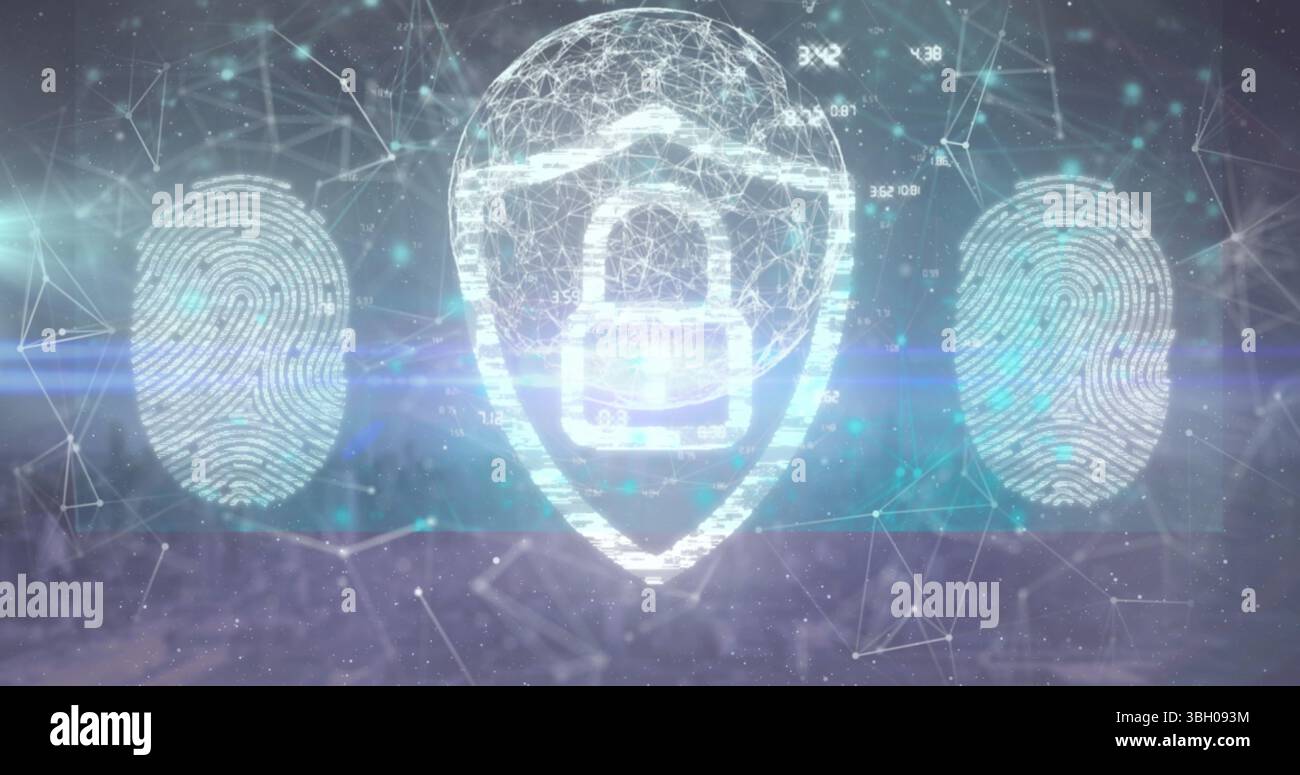 Image de traitement des données et cadenas numérique sur le globe sur fond bleu Banque D'Images