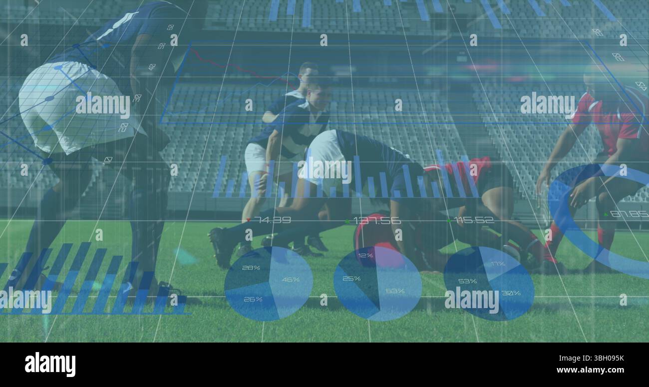 Image du traitement des données sur divers joueurs de rugby au stade Banque D'Images