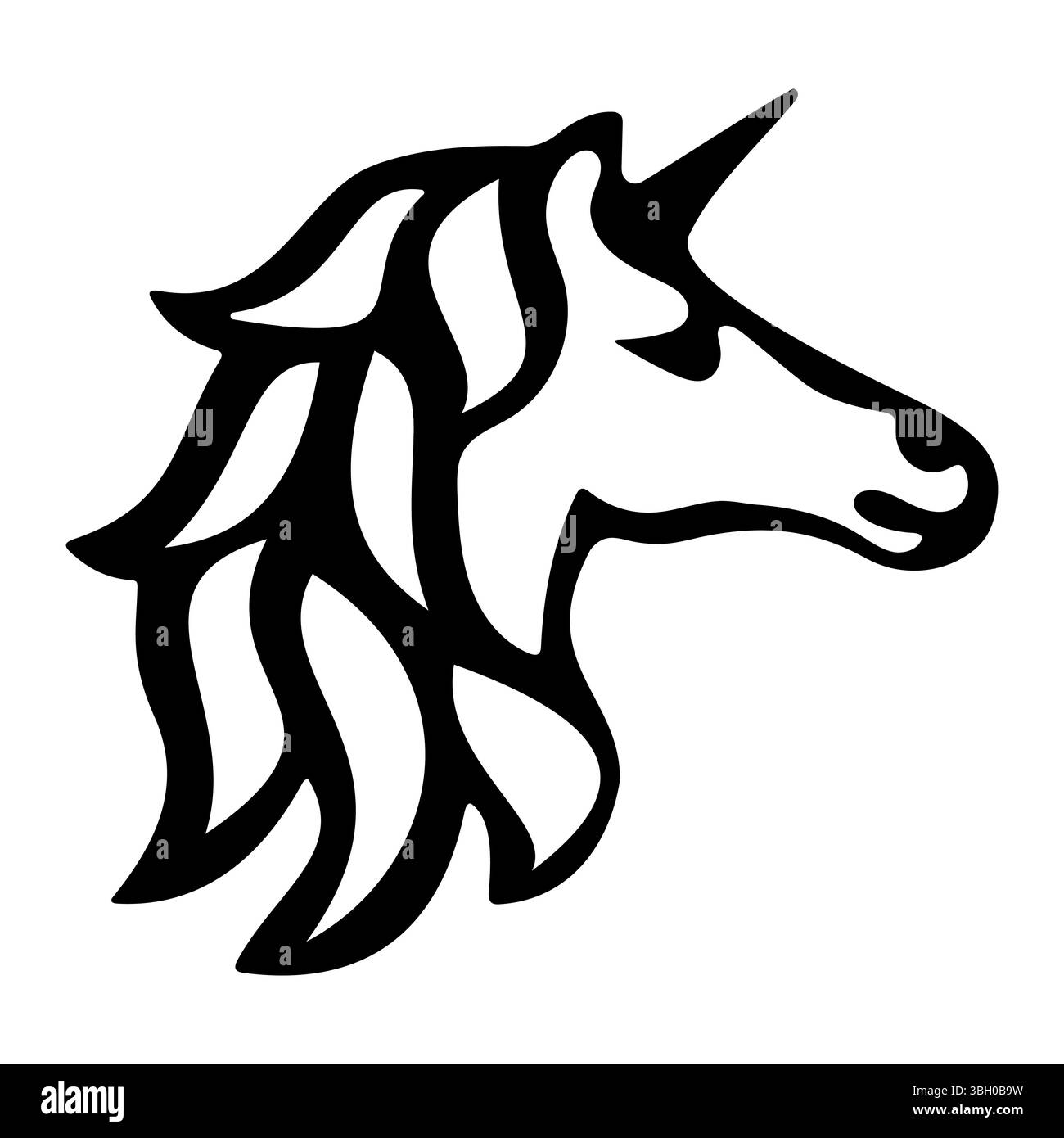 Silhouette stylisée de tête de licorne noire et blanche. Illustration vectorielle en noir et blanc d'une tête de licorne stylisée en vue de profil. Illustration de Vecteur