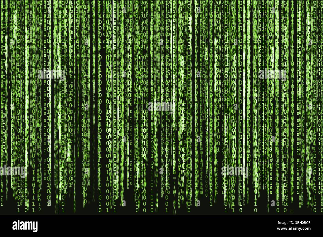 Code binaire Big Green comme fond de matrice, code informatique avec des caractères binaires brillants Banque D'Images