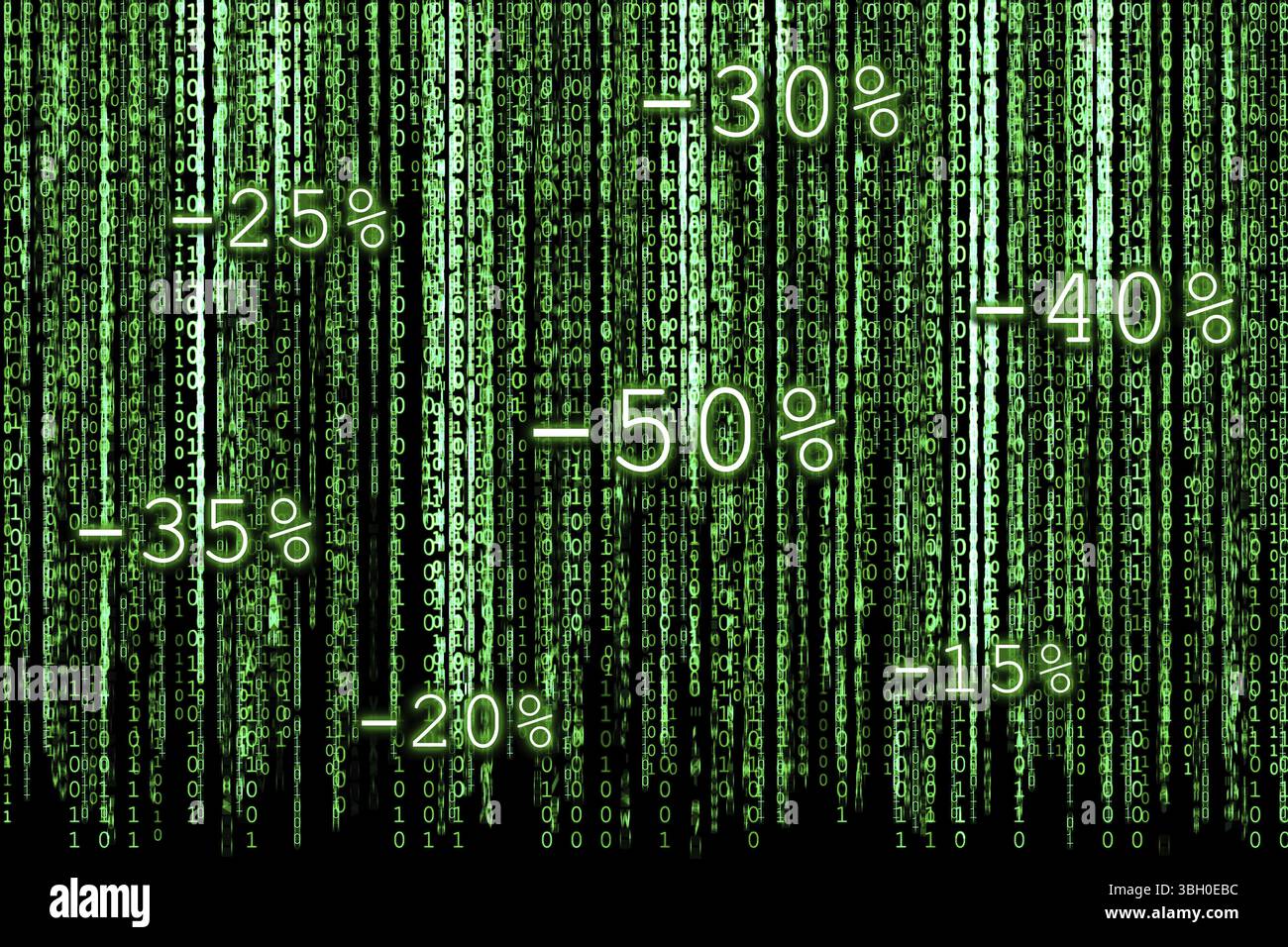 Code binaire vert comme fond de matrice avec des caractères binaires et des pourcentages de réduction pour les ventes de Noël Banque D'Images