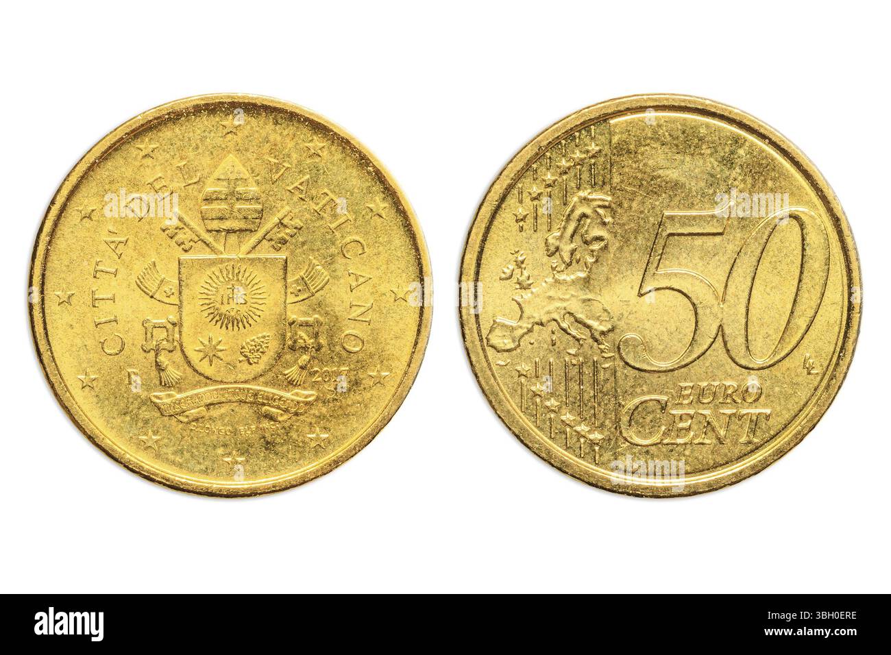 Italien deux faces de la pièce de 50 centimes d'euro gros plan de l'État de la Cité du Vatican en Italie. côtés tête et queue. Isolé sur fond blanc de studio Banque D'Images