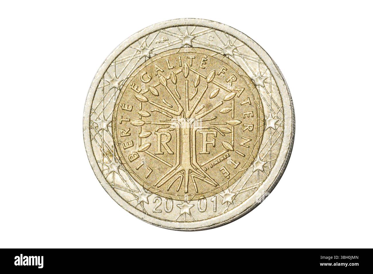 Pièce française de deux euros gros plan avec symbole d'arbre avec la devise liberté Egalite Fraternité de France. Isolé sur fond blanc de studio Banque D'Images