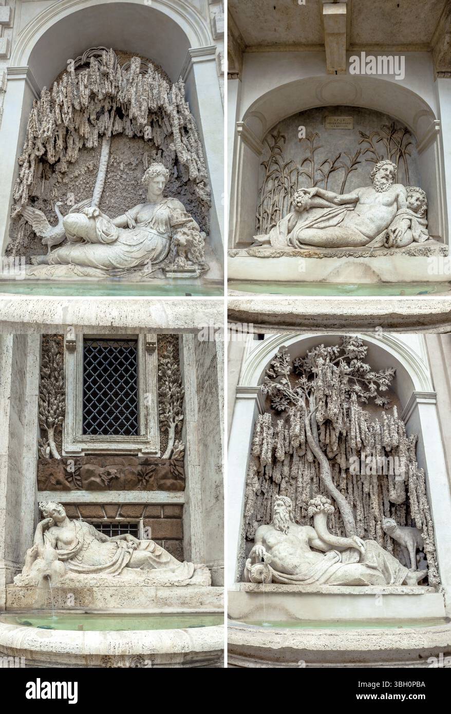 Quatre fontaines de la Renaissance à Rome, Italie. Quirinale road et XX Settembre carrefour. Des chiffres représentant les fleuves Tevere e Arno, et déesse Junon Banque D'Images